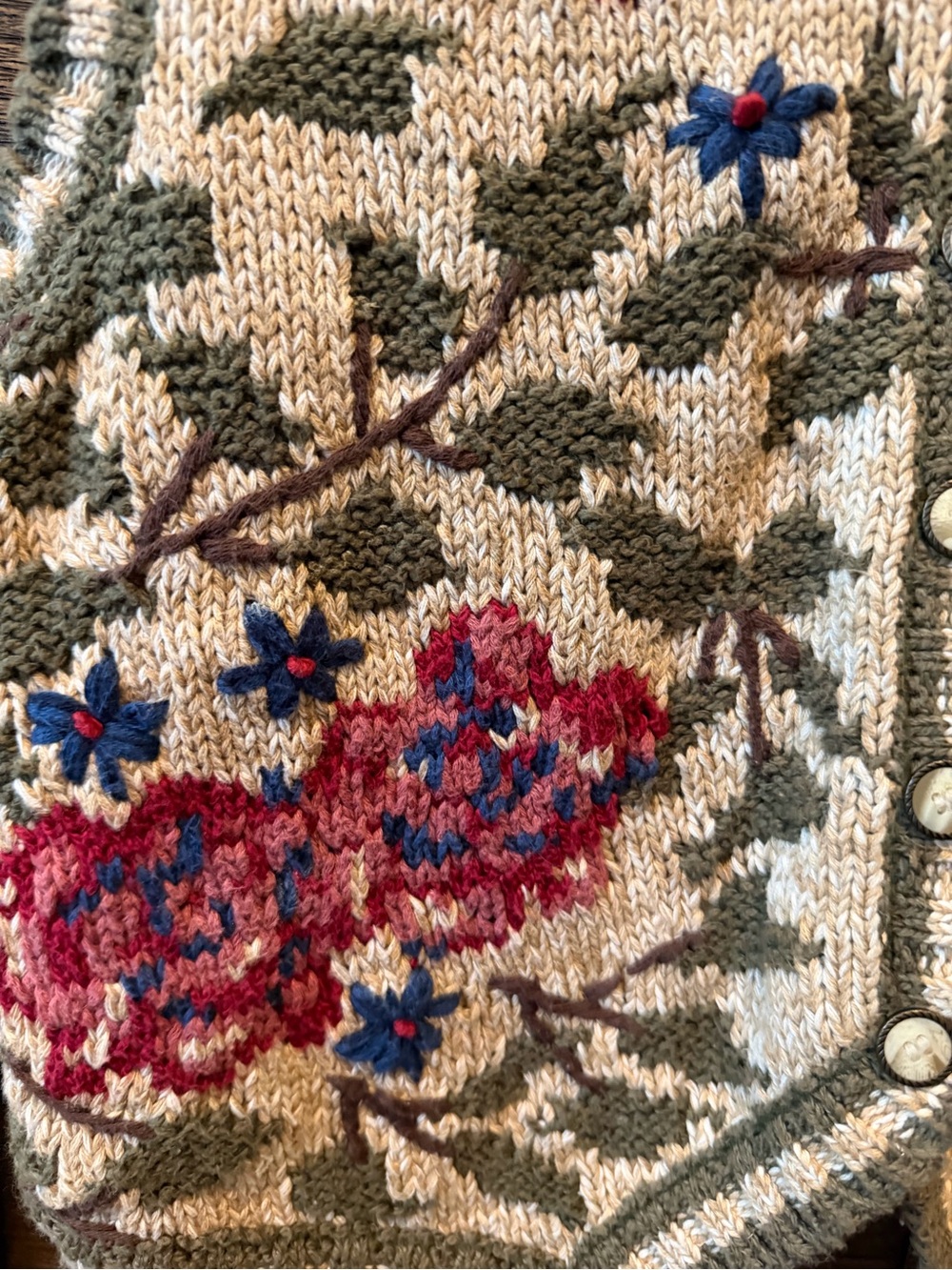 Vintage Floral Knit Button-Front Vest - Cream with Red Roses - Picture 2 of 7